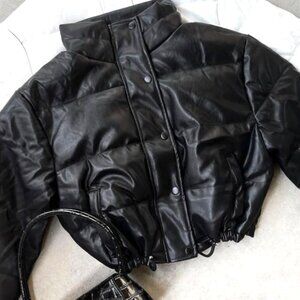 Women’s black puffer jacket Med cropped Vegan Leather Cozy Warm Stylish